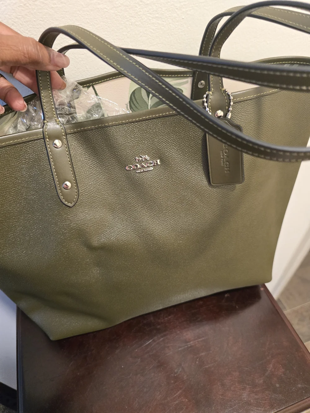 Coach Olive Green Leather Tote with Contrast Trim